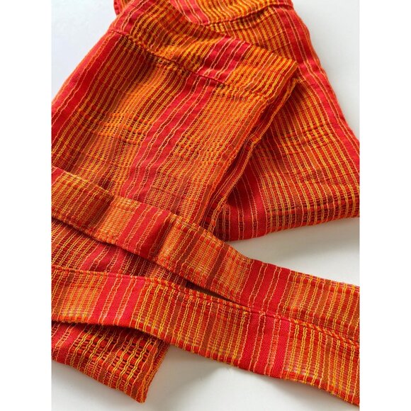 Vintage 70s curtains, red, orange, yellow sheer woven panels, tiebacks, pair - Picture 8 of 10